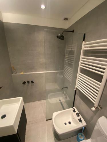 La salle de bains est pourvue d'une douche, d'un lavabo et de toilettes. dans l'établissement Departamento frente al mar, à Mar del Plata