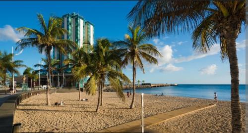 a beach with palm trees and the ocean and a building at El barquito de arrecife in Arrecife