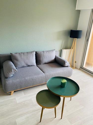 een woonkamer met een bank en een tafel bij Studio Frejus plage in Fréjus