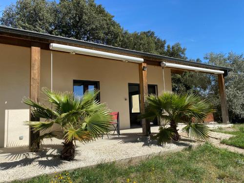 a house with two palm trees in front of it at "Les cigales" aux portes de la Provence in Bollène