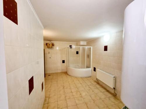 a large bathroom with a shower and a tub at Helen Hotel in Mykolaiv