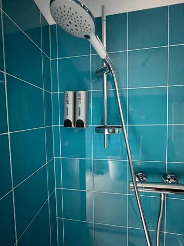a shower with a shower head in a blue tiled bathroom at Lucullo's Rooftop in Naples