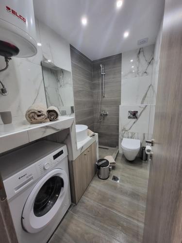 a bathroom with a washing machine and a toilet at MT APARTMENTS in Neoi Epivates
