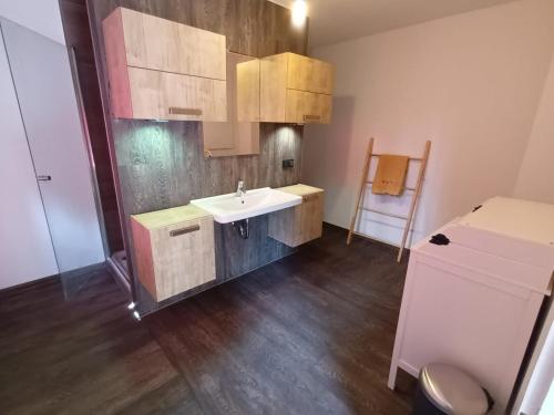 uma casa de banho com um lavatório e armários de madeira em Ferienhaus Naturparadies Rhön em Willmars