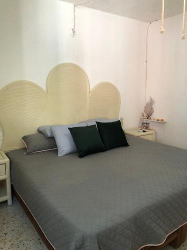 a bedroom with a large bed with two pillows at Sobre Costera, 1min La Quebrada, 3m playas/yates in Acapulco