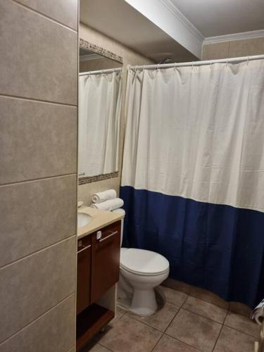 La salle de bains est pourvue de toilettes et d'un rideau de douche bleu et blanc. dans l'établissement Cómodo, amplio y céntrico departamento, à Santiago