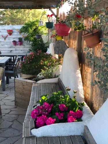ein Garten mit Blumen auf einer Holzbank in der Unterkunft Mas Des Salicornes in Saintes-Maries-de-la-Mer