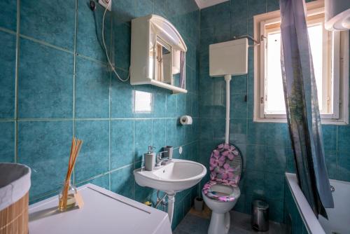 een blauwe badkamer met een toilet en een wastafel bij Apartment SOUL in Knin