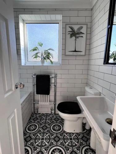 a bathroom with a toilet and a sink and a window at Quaint Georgian house with Parking & Huge Garden 10 mins walk from town in Shrewsbury