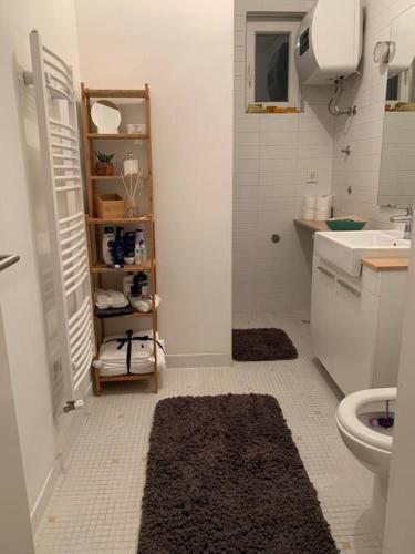 a bathroom with a toilet and a sink at Modern apartment in Skopje in Skopje