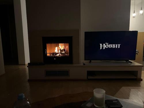 a tv sitting on a table in a living room with a fireplace at Modern apartment in Skopje in Skopje
