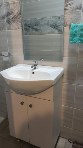 ein Badezimmer mit einem weißen Waschbecken und einem Spiegel in der Unterkunft Bertha's Place in Pretoria