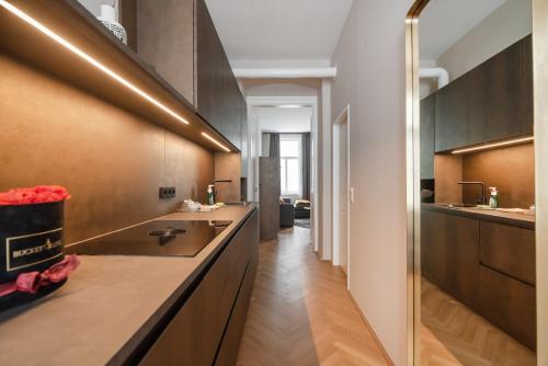 eine Küche mit einer Spüle und einer Arbeitsplatte in der Unterkunft Hochwertiges Apartment mit direkter Anbindung zum Zentrum in hippen Viertel in Wien
