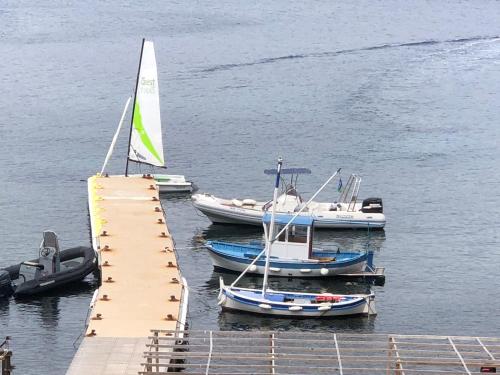 three boats are docked in the water next to a dock at La Brigantine in La Ciotat