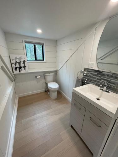 a bathroom with a toilet and a sink at The River House in Grants Pass
