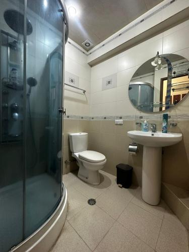 a bathroom with a shower and a toilet and a sink at Nice Apartment in Koghbaci Street in Yerevan