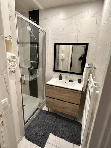 une salle de bain blanche avec un lavabo et une douche dans l'établissement Appartement à 15min de paris, à Drancy