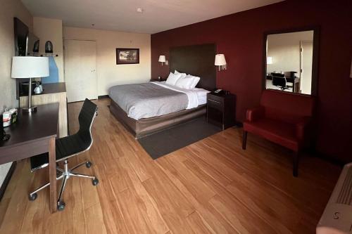 サンアントニオにあるQuality Inn & Suites I-10 near Fiesta Texasのベッド、デスク、椅子が備わるホテルルームです。