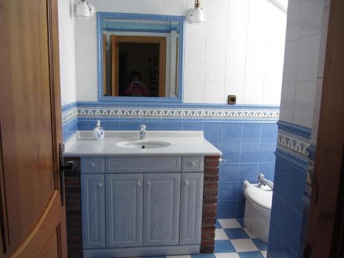 y baño con lavabo, espejo y aseo. en Vivienda Sampedri en Santillana del Mar