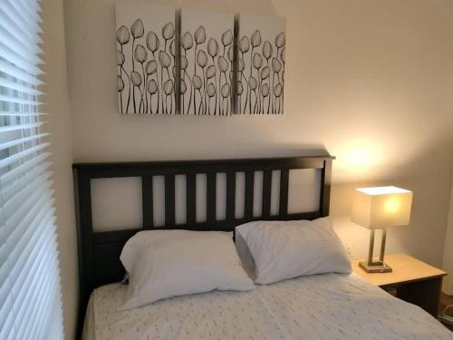 um quarto com uma cama com duas almofadas brancas em Cozy Beautiful Luxury Townhouse em Frederick