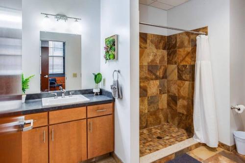 een badkamer met een wastafel en een douche bij NY Style Centric Loft w/ KingBed in Rochester
