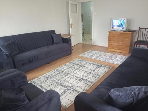 uma sala de estar com um sofá e uma televisão em Acan Apart günlük kiralık ev Ürgüp em Ürgüp