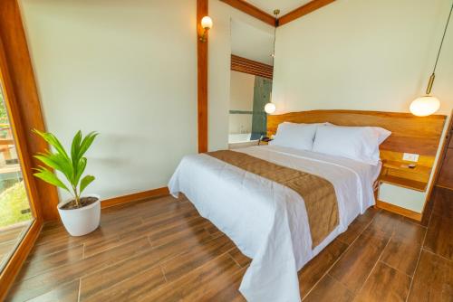 a bedroom with a bed and a potted plant at Riosol Hotel Laguna Azul in Sauce
