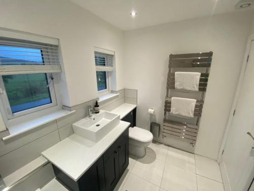 a white bathroom with a sink and a toilet at Dolwen Snowdonia Home by PolkaDot in Caernarfon