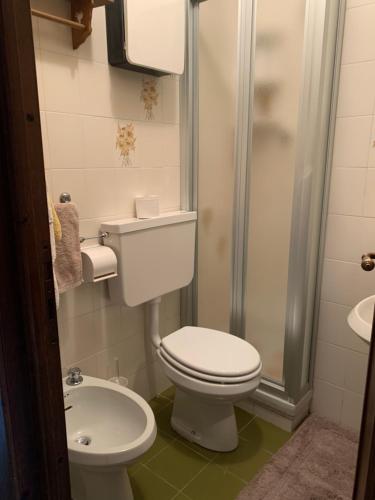 a small bathroom with a toilet and a shower at Monolocale con terrazzo e vista spettacolare sui monti in Sestriere