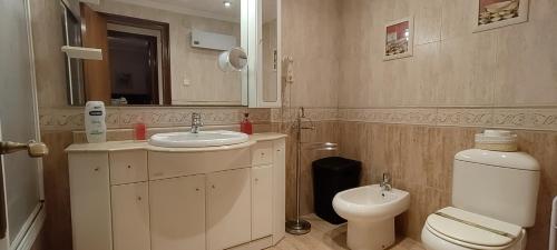 W łazience znajduje się umywalka, toaleta i lustro. w obiekcie Piso Colon w mieście Paiporta