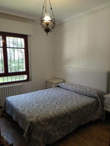 1 dormitorio con cama y lámpara de araña en Taragudo en Laguna de Duero