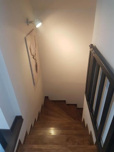 a hallway with a staircase with wooden floors and a light at Apartamenty Pod Łysicą & SPA - przy stoku, basen, jacuzzi, sauna in Krajno Pierwsze