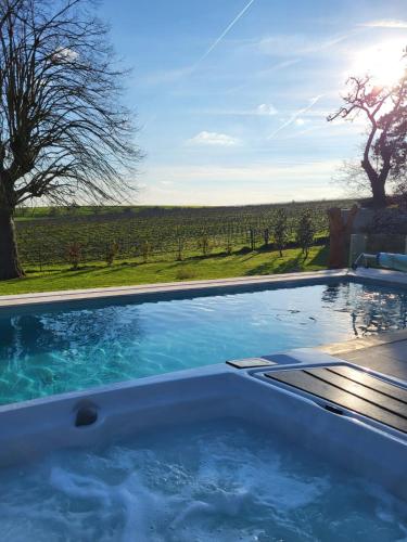 a swimming pool with a view of a vineyard at Best view, pool and spa on the Champagne vineyard in Saint-Thierry