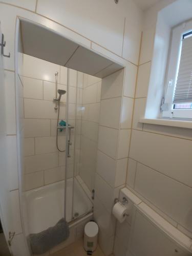 een badkamer met een douche en een glazen deur bij Am Bahnhof Ketzin in Ketzin