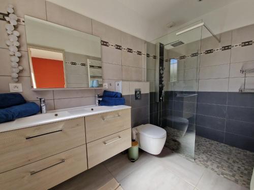 een badkamer met een wastafel, een douche en een toilet bij La Villa Bleue in Saumane-de-Vaucluse