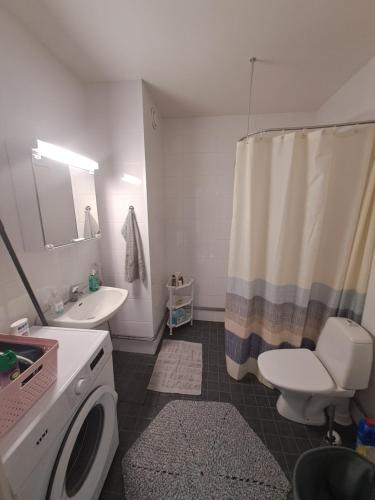 a bathroom with a sink toilet and a shower curtain at Room in Polar Circle in Rovaniemi
