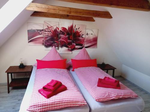 a bedroom with two beds with red and white pillows at Ferienwohnung auf dem Land Mecklenburgische Seenplatte Müritz, ländliche Region in Below
