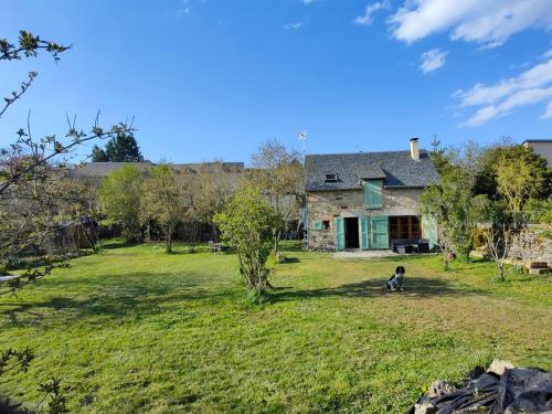 an old stone house with a dog sitting in the yard at la bergerie de papé in Vimenet