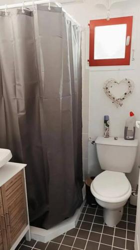 une salle de bain avec toilettes et rideau de douche dans l'établissement n°2 Gîte 4 personnes* au cœur de la nature, à Saint-Aubin-de-Nabirat