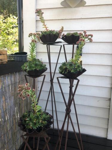 a plant stand with four potted plants on it at Körsbärskällan in Trosa