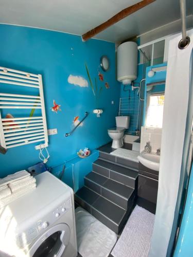une salle de bains bleue pourvue d'un lave-linge. dans l'établissement Le vieux logis, à Étretat