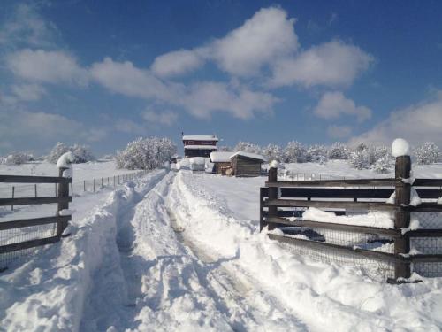 una cerca cubierta de nieve junto a una valla en Ξυλόσπιτο στη Στενή, en Amfithéa
