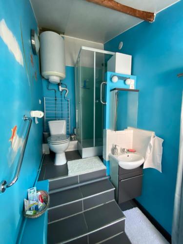 La salle de bains bleue est pourvue de toilettes et d'un lavabo. dans l'établissement Le vieux logis, à Étretat