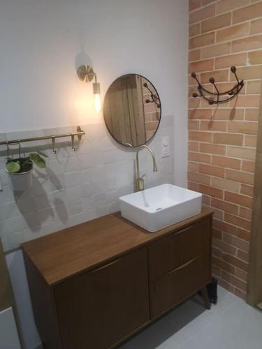 une salle de bain avec un lavabo blanc et un miroir dans l'établissement Domaine de la Gasse - gite et chambre d'hôte, à Sainte-Cécile