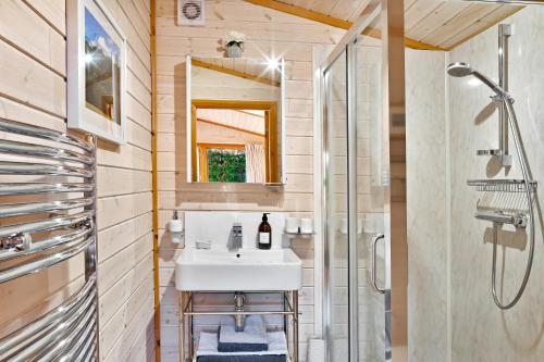 uma casa de banho com um lavatório e um chuveiro em The Lodge - Luxury Lodge with Super King Size Bed, Kitchen & Shower Room em Hurstpierpoint
