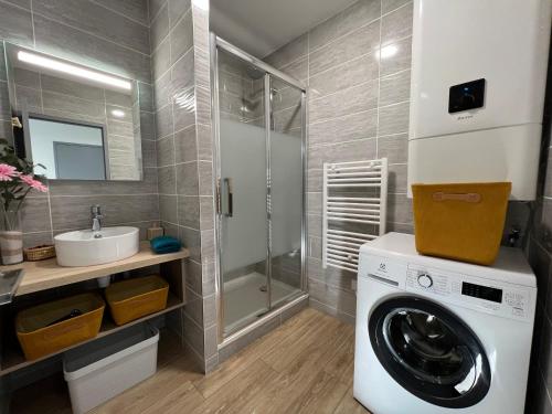 La salle de bains est pourvue d'un lave-linge et d'un lavabo. dans l'établissement Charmant appartement T2 cosy climatisé, à Brive-la-Gaillarde