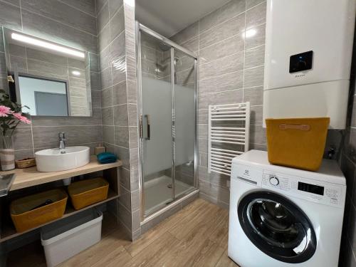 une salle de bain avec une machine à laver et un lavabo dans l'établissement Charmant appartement T2 cosy climatisé, à Brive-la-Gaillarde