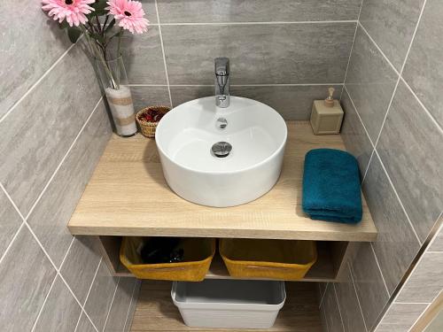 ein Badezimmer mit einem weißen Waschbecken und Blumen auf einem Regal in der Unterkunft Charmant appartement T2 cosy climatisé in Brive-la-Gaillarde