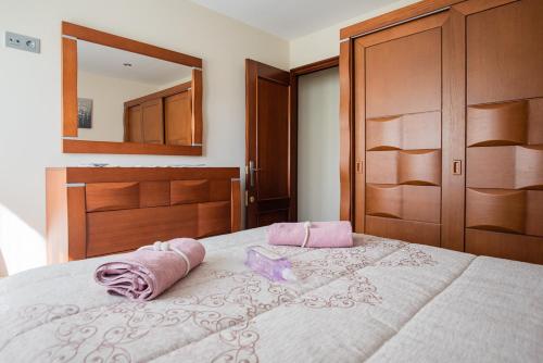 ein Schlafzimmer mit einem großen Bett und einem Spiegel in der Unterkunft Apartamentos La Cortina in Cangas de Onís