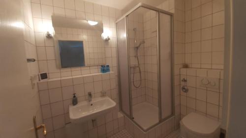 a bathroom with a shower and a sink and a toilet at Villa Granitz - Ferienwohnung Rechtern in Göhren